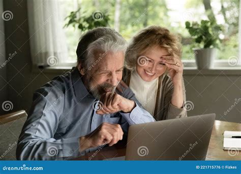 Smiling Mature Couple Talk On Webcam Call On Laptop Stock Photo Image