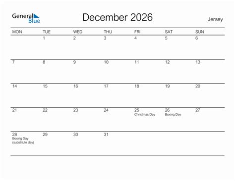 Printable December 2026 Monthly Calendar With Holidays For Jersey
