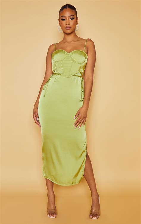 Olive Strappy Corset Detail Satin Midi Dress Prettylittlething Ca