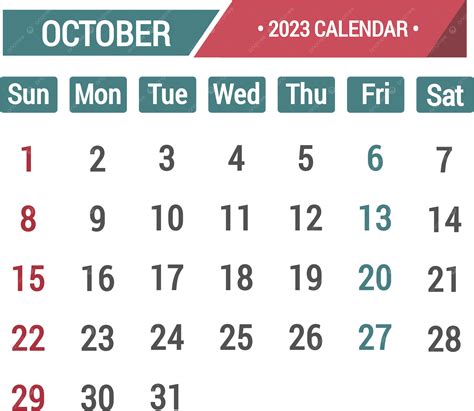 Calendario De Octubre De 2023 Colores Azul Y Rojo Png Octubre 2023