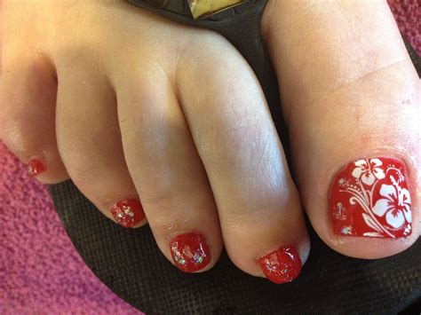 Pretty Pedicure Red Polish With White Hibiscus Flowers I Love This