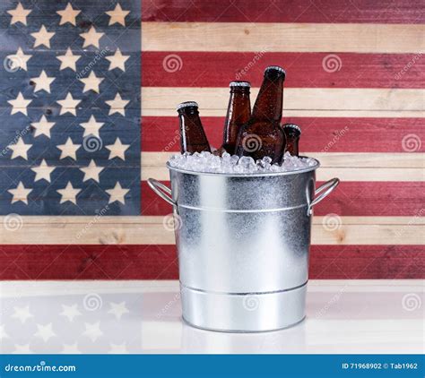 Bucket Of Ice Cold Beer With Usa Flag In Background Stock Photo Image