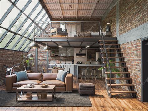 Premium Photo Industrial Style Loft Apartment With Indoor Balcony 3d