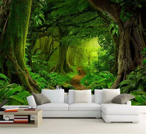 Custom Wallpaper 3d Effect Forests Waterfall Trees Jungle Nature Modern