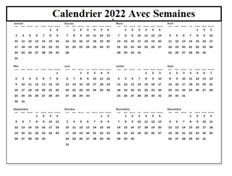 Calendrier Numero De Semaines 2022 Calendrier Mensuel Images