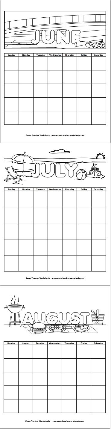 Addition, subtraction, multiplication, and division. Summer Months Calendars | Super teacher worksheets ...