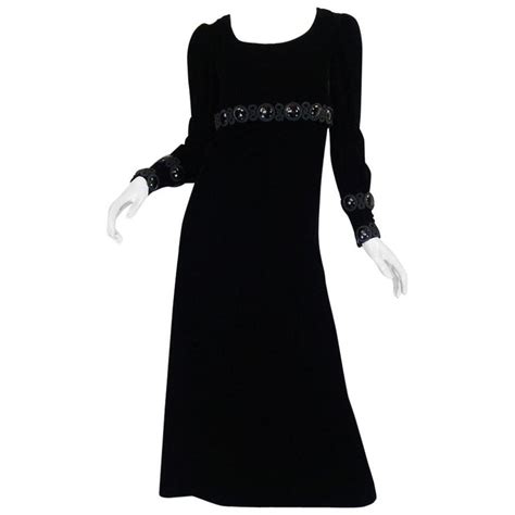 Late 1960s Miss Dior Velvet Midi Dress W Large Bead And Cord Detailing