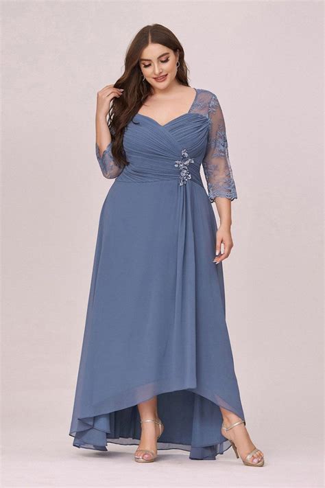 Dusty Navy Chiffon Plus Size Ruched Party Dress With Lace Sheer Sleeves