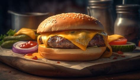 Grilled Beef Burger With Cheese Tomato Onion And Fries Generated By