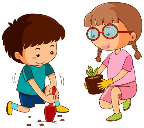 Boy And Girl Planting In Garden 373949 Vector Art At Vecteezy