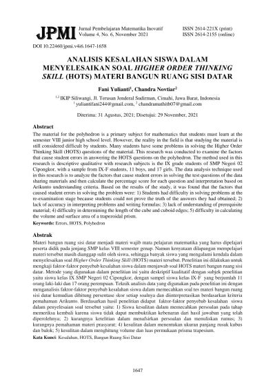 Analisis Kesalahan Siswa Dalam Menyelesaikan Soal Higher Order Thinking Skill Hots Materi