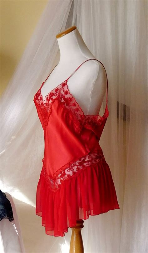 Pretty Red Satin Lace And Ruffle Chiffon Nightie Nighty Short Etsy