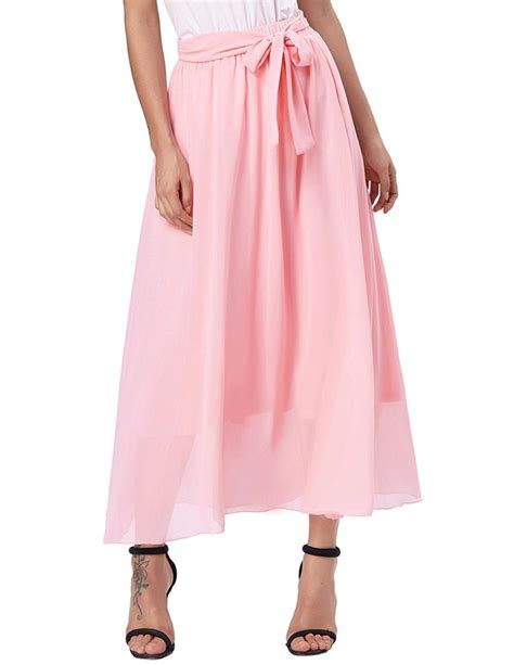 Womens High Elastic Waist Swing Chiffon Pleated Maxi Skirt Size M Pink Chiffon Pleated Maxi