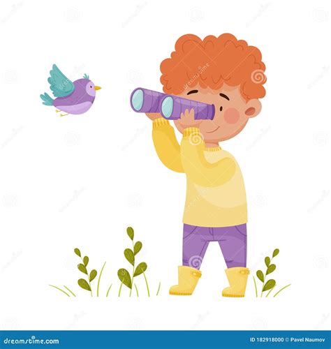 Cute Boy Holding Binoculars Exploring Flying Bird Vector Illustration