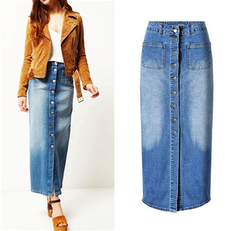 ankle length denim skirts vintage button high waist pencil blue slim women skirts bleached jean