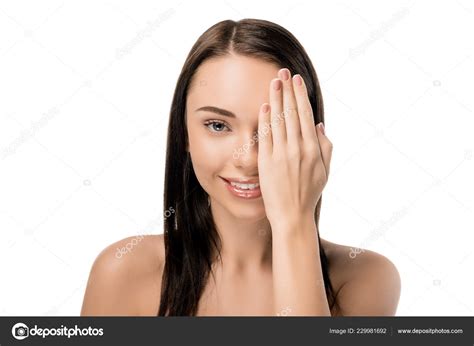 Beautiful Naked Woman Closing Eye Hand Smiling Camera Isolated White Free Stock Photo