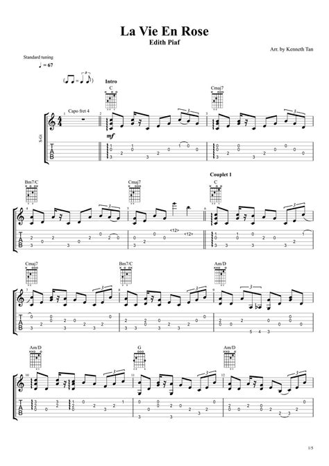 Edith Piaf Fingerstyle Guitar La Vie En Rose Tab By Kenneth Acoustic