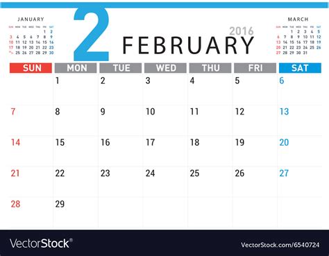 Planning Calendar February 2016 Royalty Free Vector Image