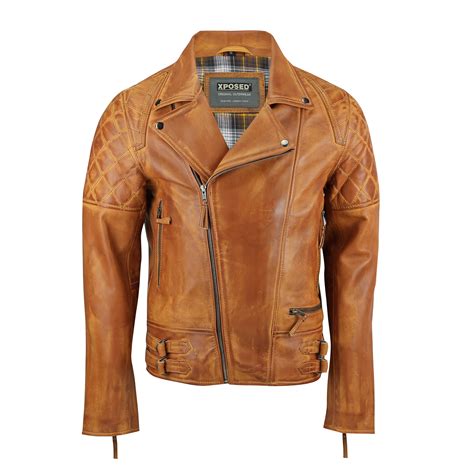 Xposed Men Real Leather Biker Jacket Vintage Washed Tan Brown Retro