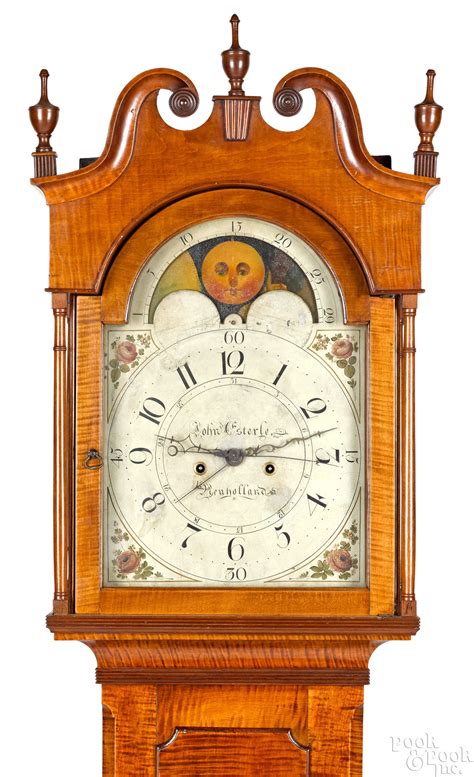 Vibrant Lancaster, Pennsylvania tiger maple tall case clock, early 19th
