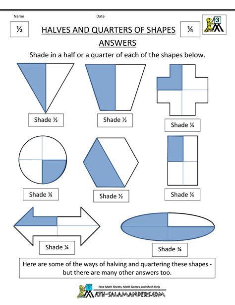 Halves And Quarters Of Shapes Answers 3rd Grade Math Worksheets