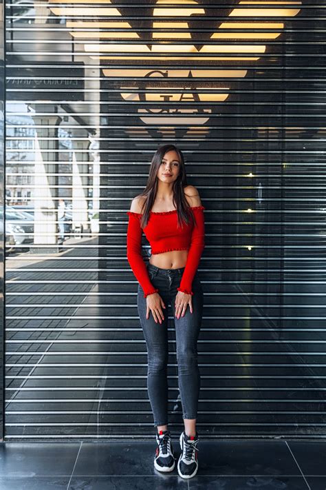 Oleg Klimin Women Olya Nefyodova Red Clothing Bare Shoulders Jeans Denim Reflection Sneakers