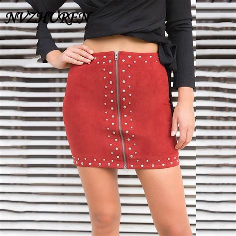 Nvzhuren Solid Elegant Zipper Wrap Skirt Korean Style Suede Leather Rivet Skirts Streetwear