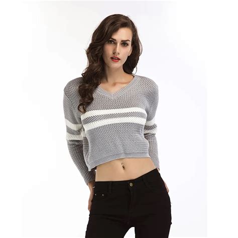 Fanciastic Sexy Sweater For Women Striped V Collar Baring Midriff Short Pullover Sweaters In
