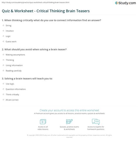 Quiz And Worksheet Critical Thinking Brain Teasers