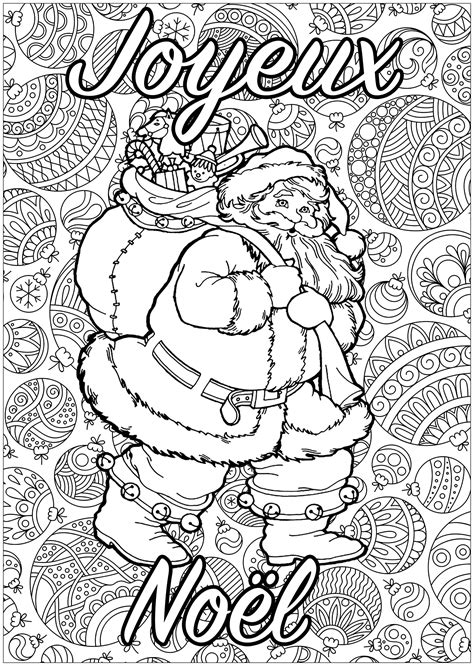 Père Noël à Colorier Avec Fond Plein De Motifs Et Texte Joyeux Noël