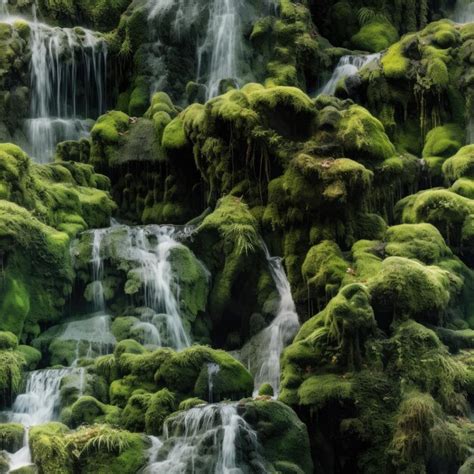 Premium Photo Mystical Waterfall Surrounded By Mossy Rocks