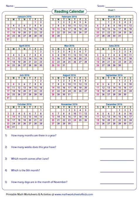 reading calendar worksheets  word problems