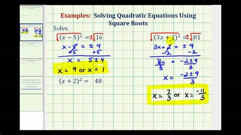 Now solve a few similar equations on your own. Ex 2: Solving Quadratic Equations Using Square Roots - YouTube