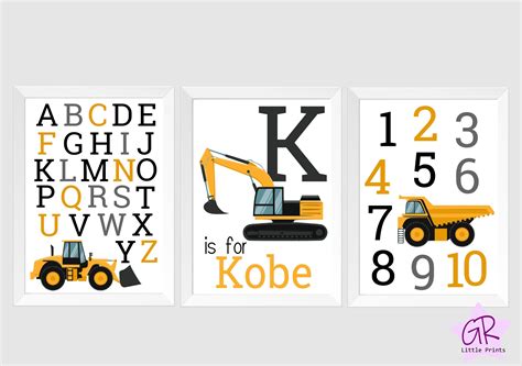 Construction Truck Alphabet Numbers 3 Print Set With Custom Etsy