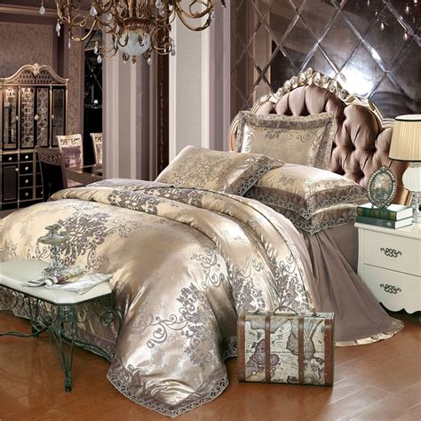 The superior quality sheets are pure cotton with longer fibers and possess a silky texture, making them highly desirable and a luxury. Gold silver coffee jacquard luxury bedding set queen/king ...
