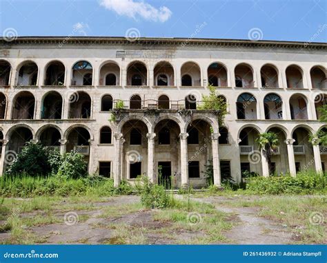 Facade Of Abandoned Soviet Sanatorium Iveria In Tskaltubo Georgia