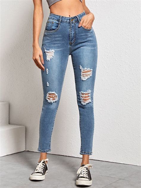 Ripped Slant Pocket Skinny Jeans Shein Usa Skinny Jeans Clothes Teenage Fashion Outfits