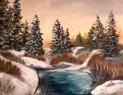 Beautiful Winter Landscape Oil Painting Pine Trees And River Etsy