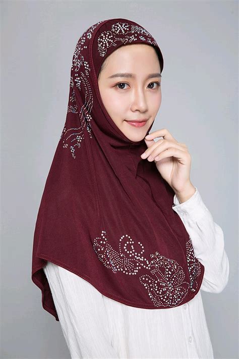 H1102a Latest Muslim Pray Hijab Scarf With Rhinestoneswomens Headwrap