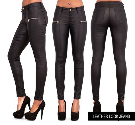 new womens leather look jeans sexy trousers ladies black slim fit size 6 22 ebay