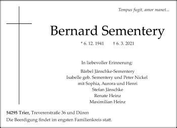 Traueranzeigen Von Bernard Sementery Volksfreund Trauer De