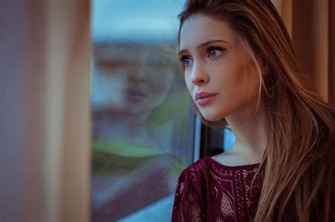 Women Blue Eyes Looking Out Window Lips Brunette Women Indoors