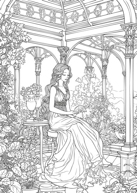 Premium Vector | Enchanted realm princess in garden coloring book pages