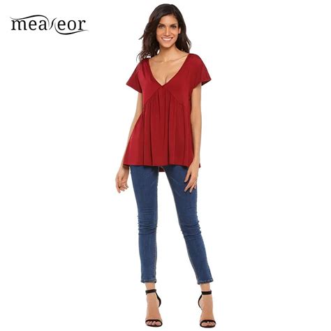 Meaneor Solid Women T Shirts Tees Fashion Deep V Neck Summer Tops Short Sleeve Women T Shirt