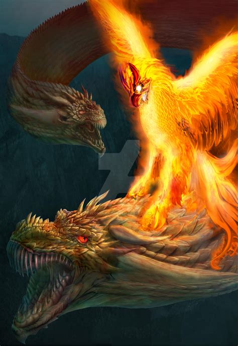 Phoenix Fight Hydra Dragon By Clairmatin On Deviantart