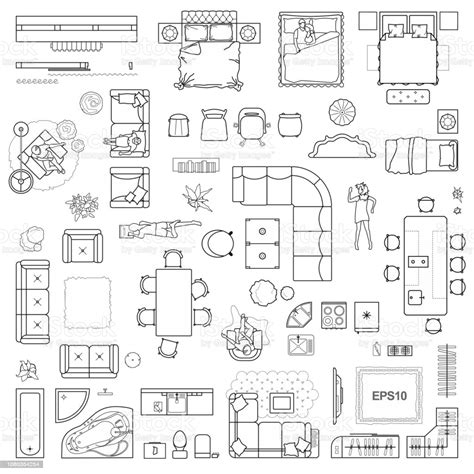 Floor Plan Icons Set For Design Interior And Architectural  