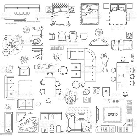 Starten sie ihre neue karriere mit uns noch heute! 為設計室內和建築專案設置的平面圖圖示 用於佈局的頂部視圖中的傢俱細線圖示藍圖公寓向量向量圖形及更多住宅區圖片 ...