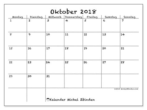 Kalender tahun 2018 lengkap, merupakan gabungan daripada kalender masehi, kalender islam dan kalender jawa. Kalender Oktober 2018 (77MS) - Michel Zbinden DE