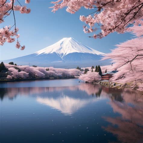 Japanese Cherry Blossoms Frame Mt Fuji At Kawaguchiko Lake Stock