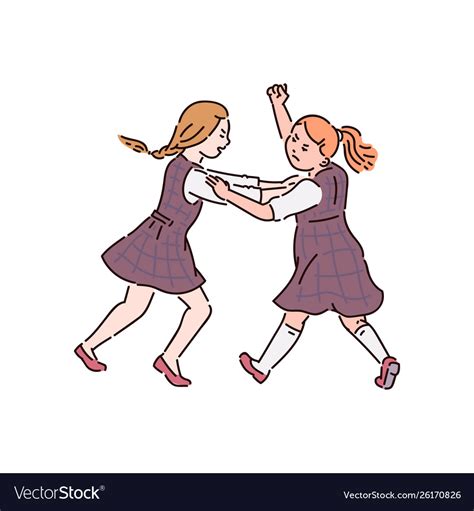 Two Little Teen Girls Are Fighting Cartoon Vector Image